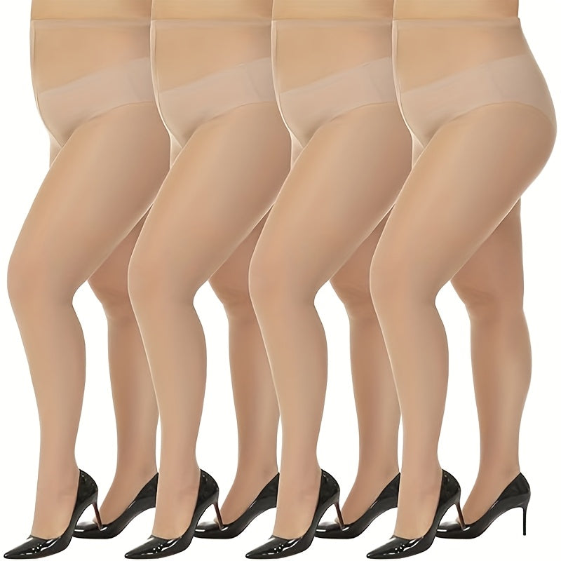 4 Pairs Plus Size High-Waisted Tights for Women, Polyamide Knit Fabric, Solid Color, Breathable & Stretchy, with Hand Washable, Tights Stockings