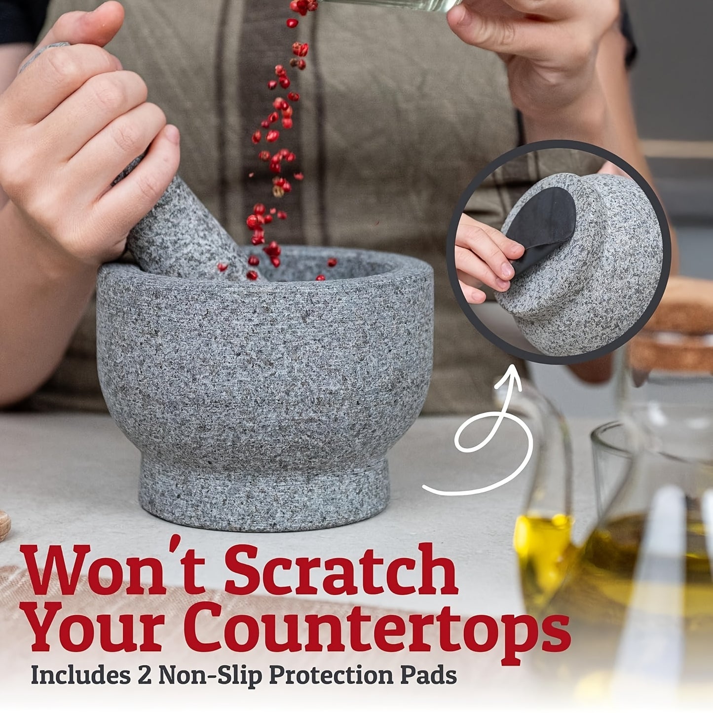 Heavy-Duty Granite Mortar and Pestle Set - Large 1.5-Cup Stone Bowl for Guacamole, Spice Crushing, - Durable Stone Mill, DIY & Fresh Sauces (Unpolished Grey)