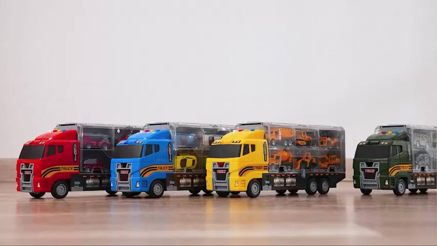 Die-Cast Metal Fire Truck Toy Set with Play Mat - Red & Black Carrier Truck, 4 Fire Engines, 2 Ladder Trucks, and 2 Rescue Vehicles - Perfect Christmas or Birthday Gift for Boys & Girls Ages 3-6, Fire Truck Toy, Playful Desig