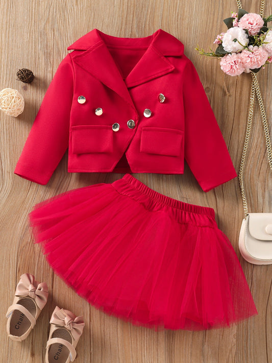 2022 New Arrival Girls' Solid Color Long Sleeve Top & Flared Tutu Skirt Combo - Button Front Closure, Puffed Sleeves, Lightweight Breathable Fabric for Spring/Fall Casual Outfits, Spring Fall Clothing, Decorative Buttons, Sof