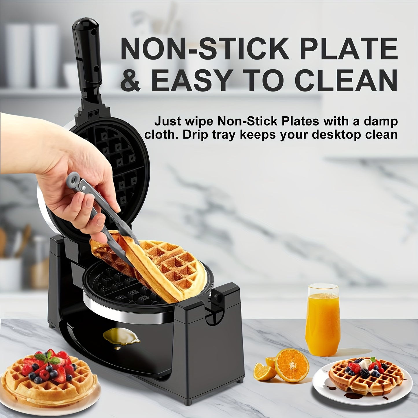 Waffle Maker, Rotating Belgian Waffle Maker, 180° Flip Waffle Iron, Non-Stick Plate, Adjustable Browning Control, Foldable Cool Touch Handle, Removable Drip Tray, Stainless Steel, Space Saving Storage