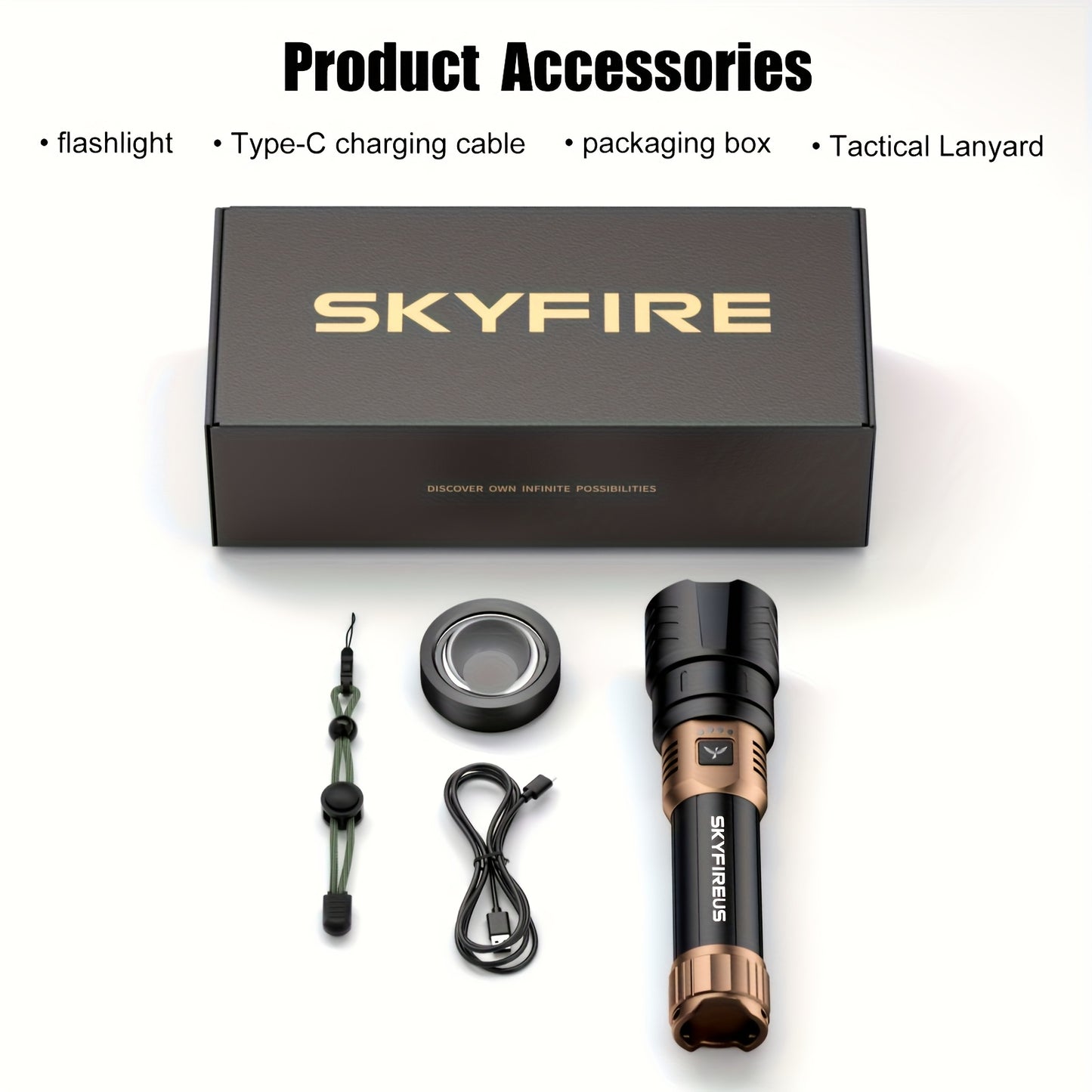 SKYFIRE LED Flashlight High Lumen, Super Bright Rechargeable Flashlight, with Ignition Lens, Adjustable Focus, Four Modes, Suitable for Camping, Outdoor, Farm, Family Use