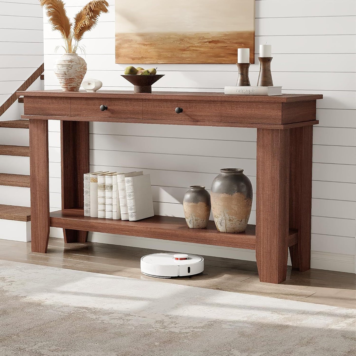 54-inch Solid/ Console Table with Drawers & Open Shelf - Modern Farmhouse Sofa Table Suitable for Entryway, Hallway, Living Room, Foyer - Sturdy Entry Table with Storage, Assembly Required for Narrow Hallways and Wide Spaces