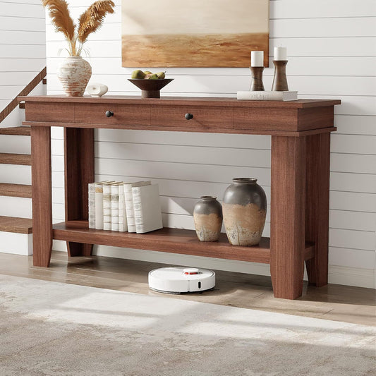 54-inch Solid/ Console Table with Drawers & Open Shelf - Modern Farmhouse Sofa Table Suitable for Entryway, Hallway, Living Room, Foyer - Sturdy Entry Table with Storage, Assembly Required for Narrow Hallways and Wide Spaces
