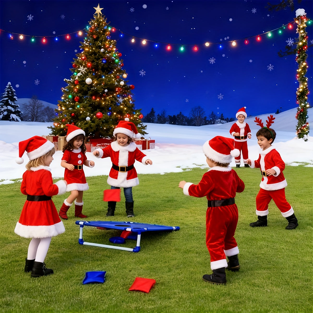 A Foldable And Sturdy Red And Blue Corn Hole Game Set, Perfect for Outdoor Gatherings, Camping Trips, And Backyard Fun. It Includes 6 Bean Bags And Does Not Need Batteries, Making It Ideal for Christmas And Halloween Celebrat