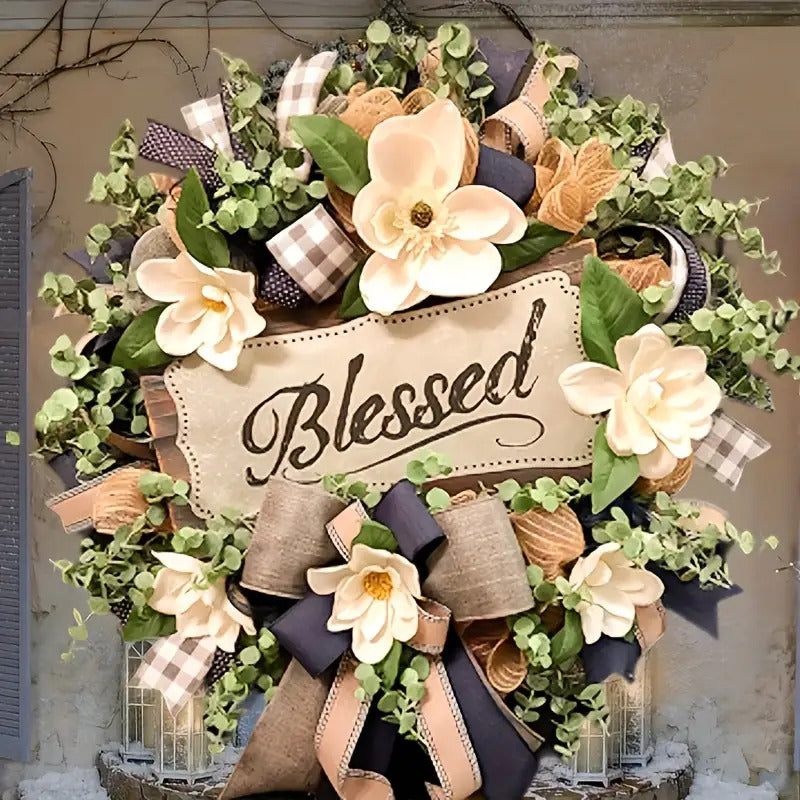 1 Extra-Large 20-Inch Farmhouse-Style Wreath- Elegant Magnolia Floral Door Decoration, Plaid Pattern, Rustic Porch Accent, Perfect for Thanksgiving, Halloween, Christmas, Garden Decor, Cozy Home Accent, Natural Leaf Design, F