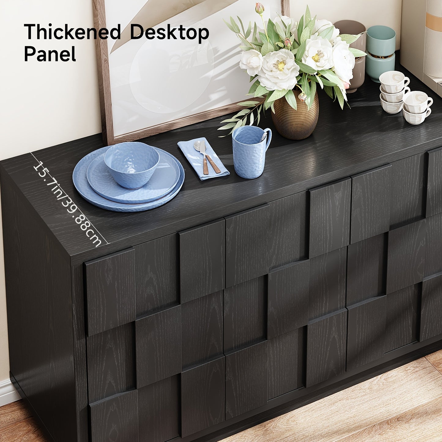 60" Mid-Century Modern Farmhouse Buffet Cabinet - Stylish & Functional Storage Credenza with Coffee Bar Station, Adjustable Shelving & Artisan-Crafted Asymmetric Design for Living Room Kitchen Entryway, Black