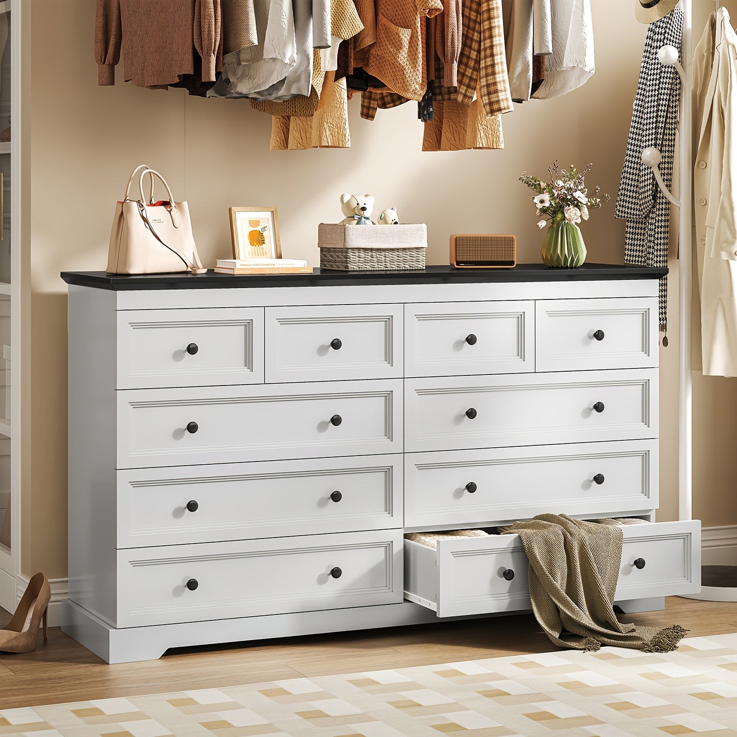 55" Wide 10-Drawer Metal Dresser - Modern White & Black Chest of Drawers, Freestanding Storage Cabinet for Bedroom, Living Room, Entryway, Easy Assembly, Compact Design Under 27" Height