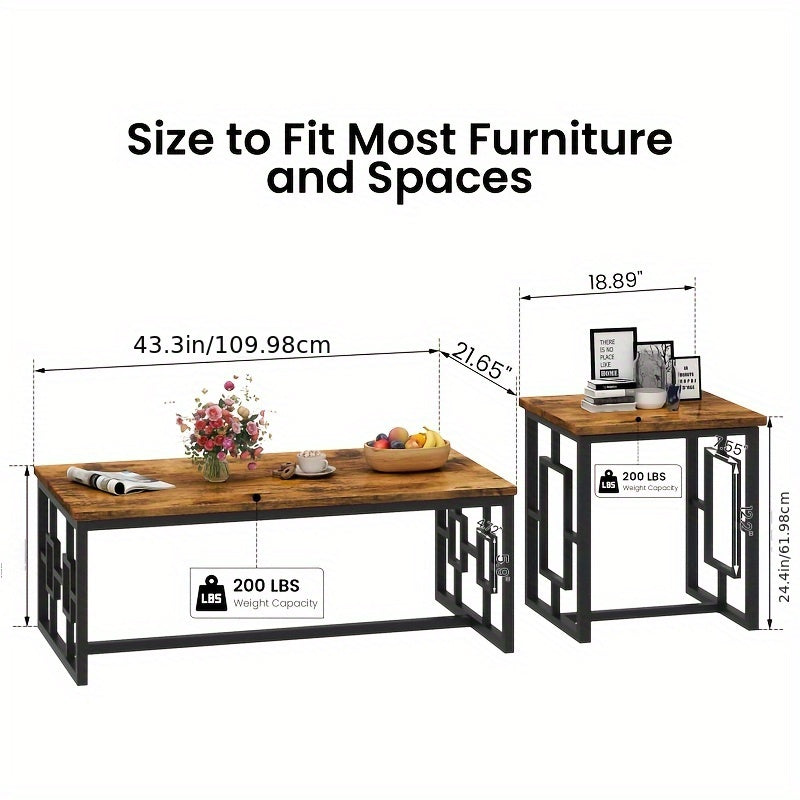 3pcs Living Room Coffee Side Table Set, Mid-Century Modern Coffee Table Set with 2 End Table for Small Space, Space-Saving Side Table Set with MDF Broad & Metal Frame for Living Room, Dining Room, Bedroom, Brown