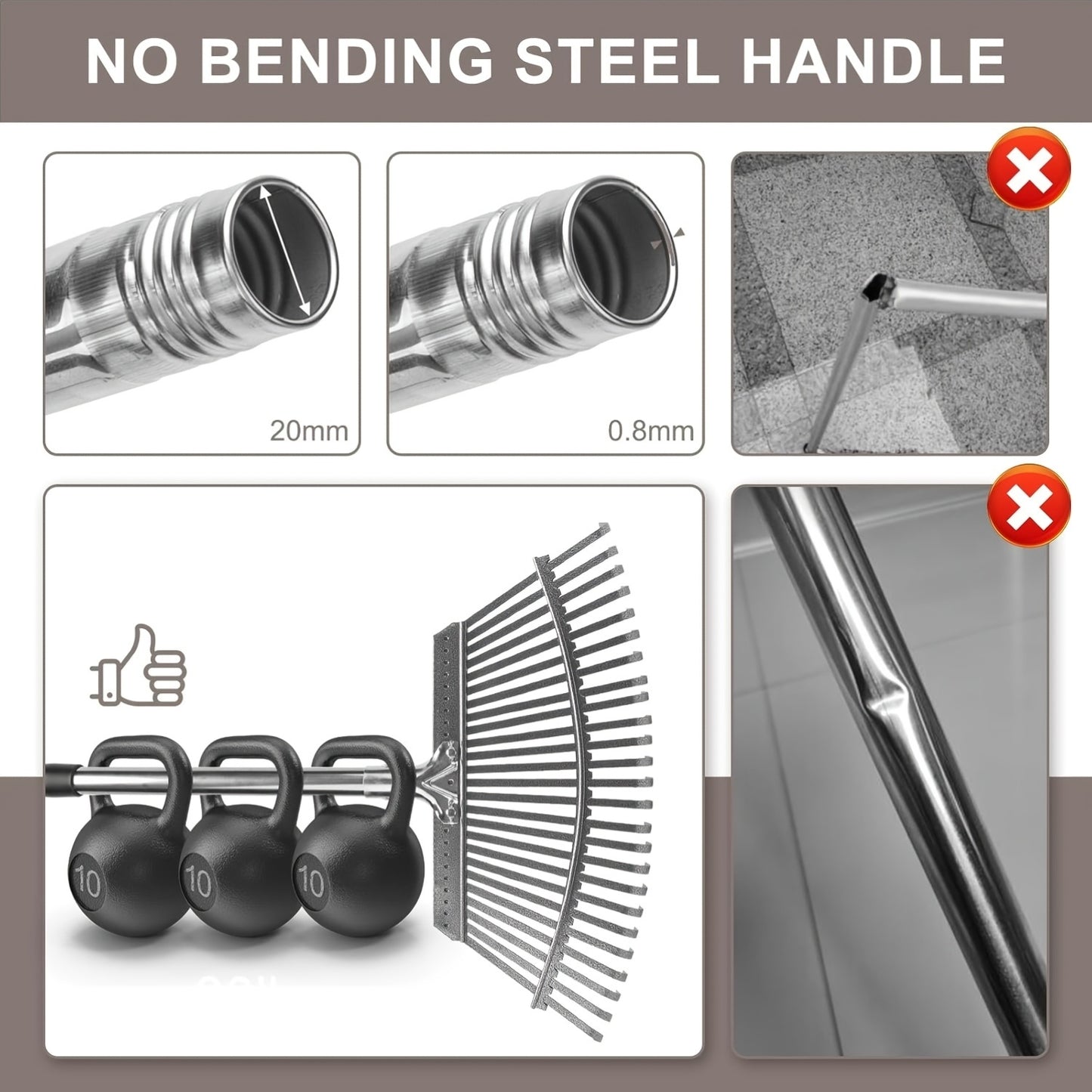 25 Tines Garden Leaf Rake | 18.5" Wide, 62" Adjustable Long Handle, Stainless Steel for Lawns, Yard, Grass, Flower Beds, All Season