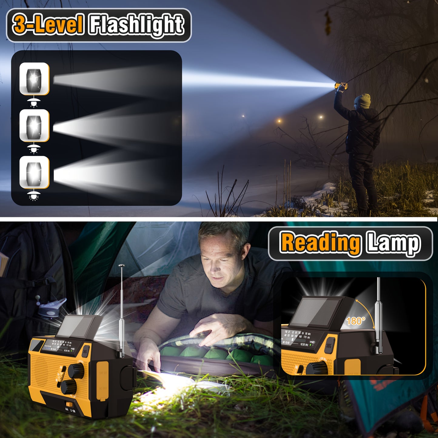 Portable Emergency Radio Survival Gear With Power Bank, AM/FM/NOAA Weather Radio, 2000mAh Lithium Battery, Featuring A Non-Extendable 3-in-1 Built-in Recharge Cable, Hand Crank & Solar Charging, SOS Alarm/Flashlight For Emerg