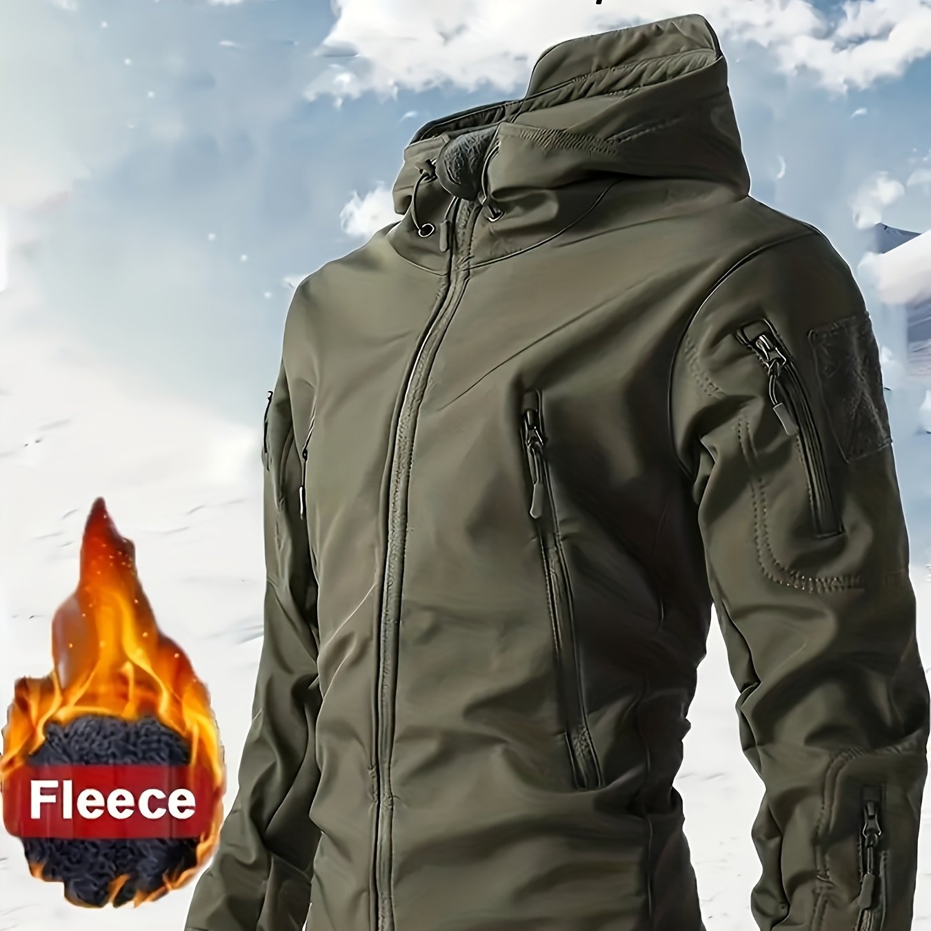 Men's Heavy-Duty Windproof Insulated Tactical Winter Jacket with Full-Zip Hooded Softshell Coat, Multiple Pockets & Zippered Pocket Flap - Machine-Washable Outdoor Survival Gear for Hiking, Skiing, Hunting, Camping (Black) -