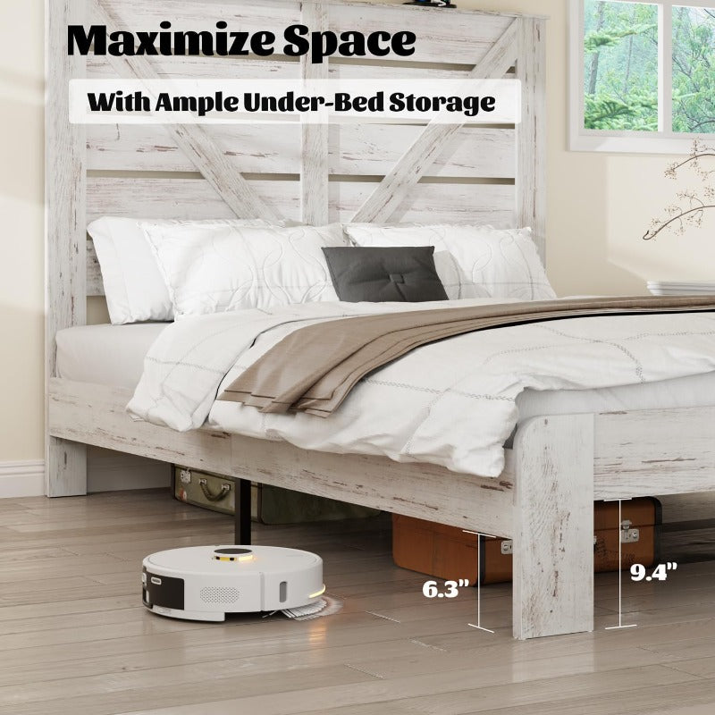 King Sized Bedroom Furniture With Imitation Wooden Headboard And Heavy Metal Bed Frame | Noise Free, No Box Spring Needed, Easy Assembly Tool, Large Under Bed Storage, White, Free Home Delivery Mattress Not Included