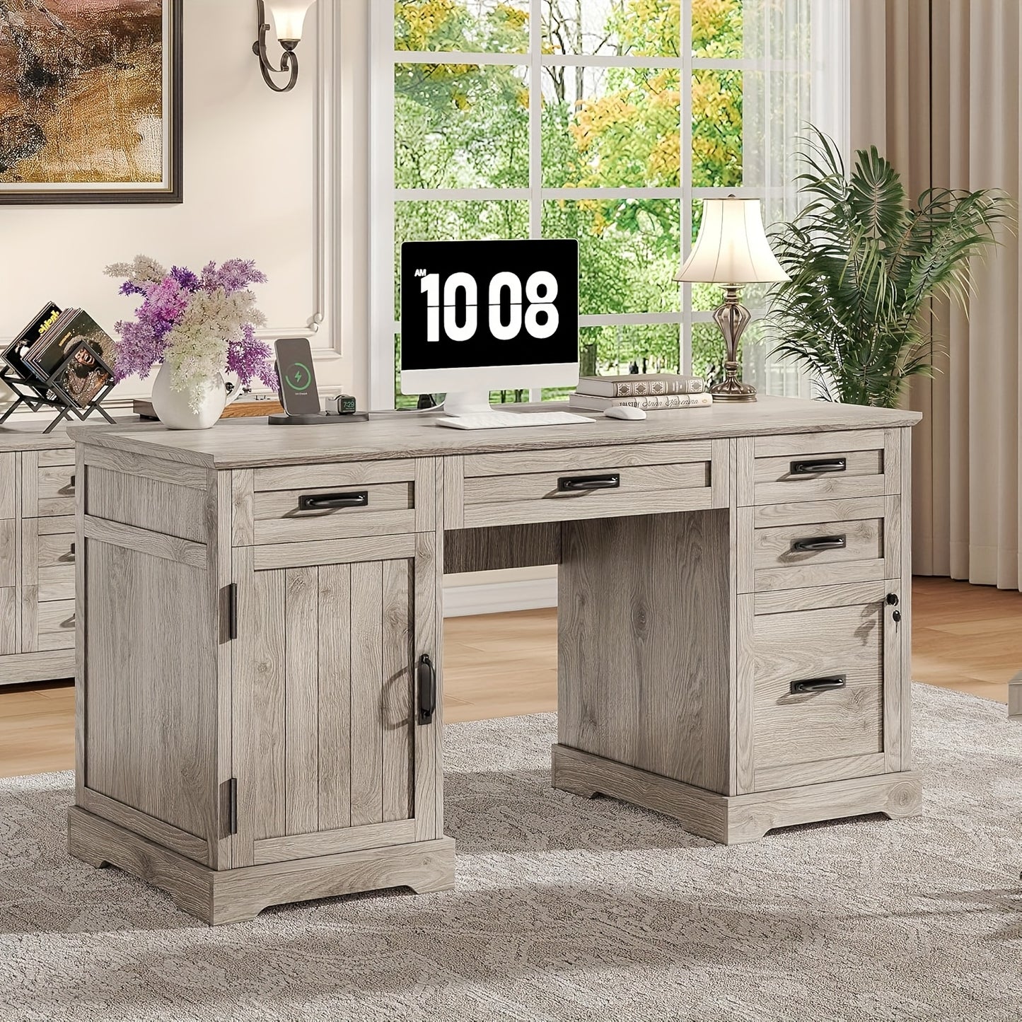 55'' Farmhouse Executive Desk with Power Outlets, Home Office Desk with Drawers And Cabniet
