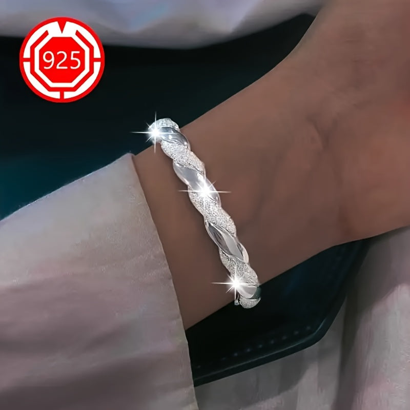 925 Sterling Silvery Elegant Twisted Cuff Bracelet for Women, Hypoallergenic Open Bangle with Textured Matte Finish, Versatile Chic Jewelry for Daily Wear, Festivals, Christmas