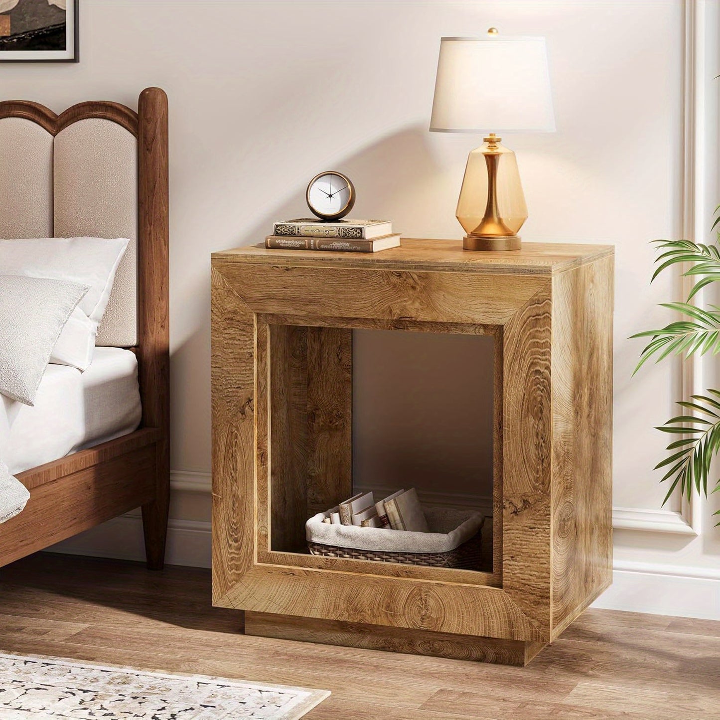 24 Inch Farmhouse End Table with Open Shelf - Heavy-Duty Hardwood & Particle Board Construction, Easy Assembly Side table, Natural Wood Finish - for Living Room, Bedroom, Patio - Space-Saving Nightstand or Accent Furniture, B
