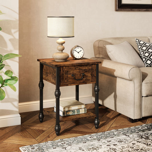 Industrial Style End Table in Brown, 2-Tier with Drawer for Bedroom, Living Room, and Compact Spaces