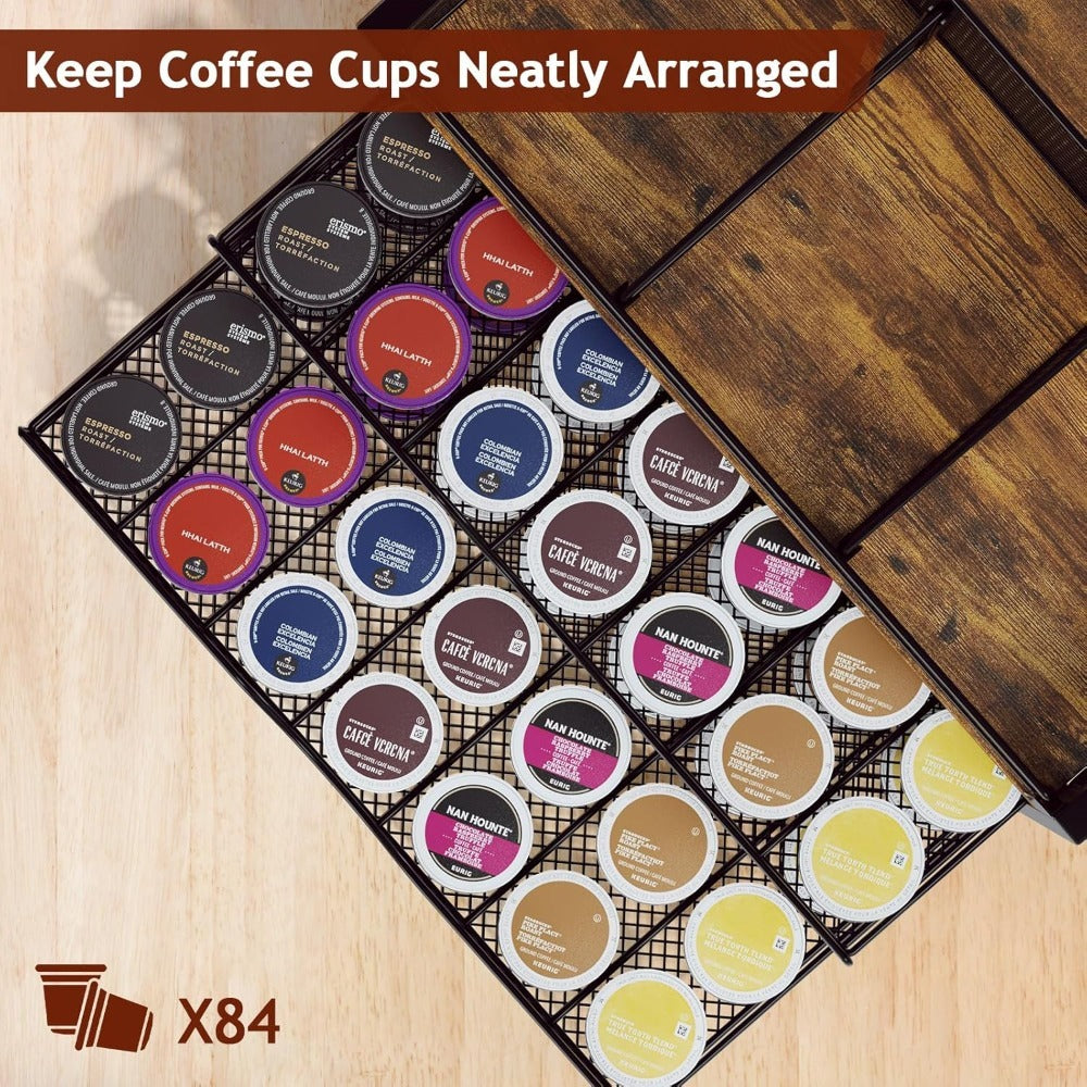 Coffee Bar Organizer - Coffee Station for Countertop | Metal and Wood K Cup Holder Storage Basket for Coffee Pods, Syrup, Cups, Stirrer, Coffee Condiment, Tea Organizer, Black and Brown, Varnished End
