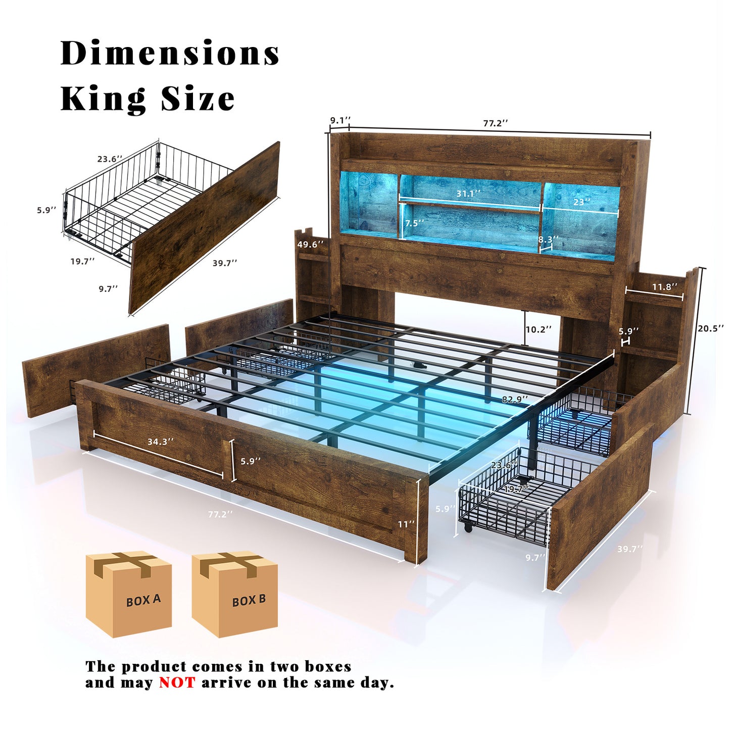 PAPABABE Bed Frame Featuring a 49.6-Inch Bookcase Headboard, Four Drawers, And Two Removable Storage Racks - a Farmhouse-Style Wooden Bed Frame Equipped with RGB LED Lights And a Charging Station, No Box Spring Required
