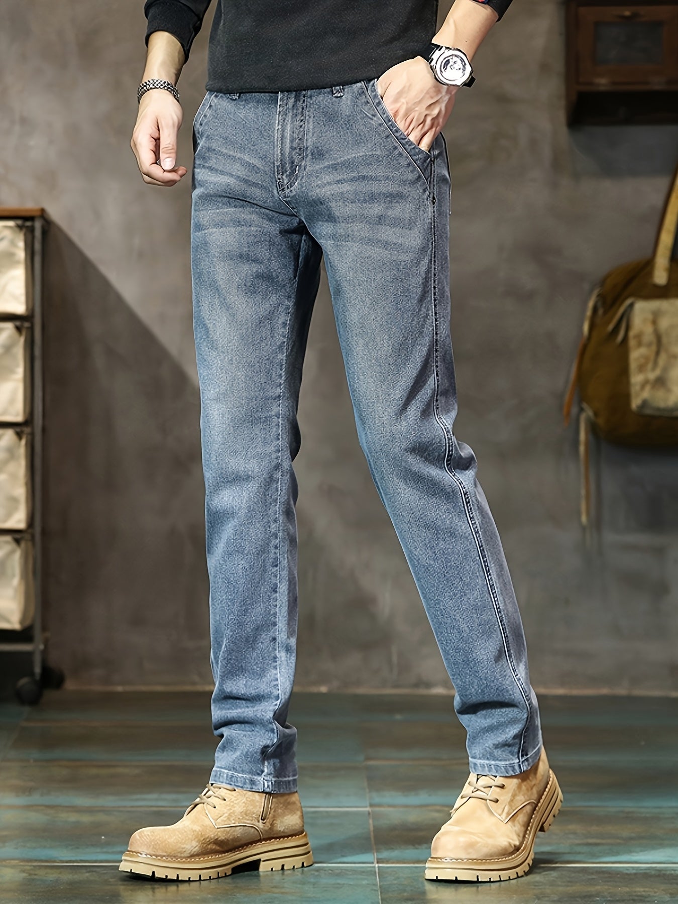 Men'S Straight Slim Jeans - Skin-Friendly Soft Cotton Blend Pants, Mid-Rise Non-Bulky Fit, Three-Dimensional Hem for Stability - Winter Jeans for Everyday & Formal Outfits - Classic Straight-Leg Denim Trousers, Straight Leg J