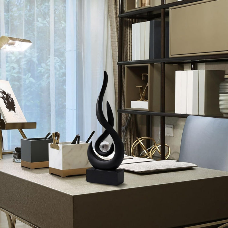 Abstract Black Flame Sculpture Statue with Glass Ball - Modern Elegant Resin Art Figurine, Dynamic Flame Design Indoor/Outdoor Centerpiece for Home Decor, Holiday & Year-Round Decoration (Halloween/Christmas/Easter/Thanksgivi