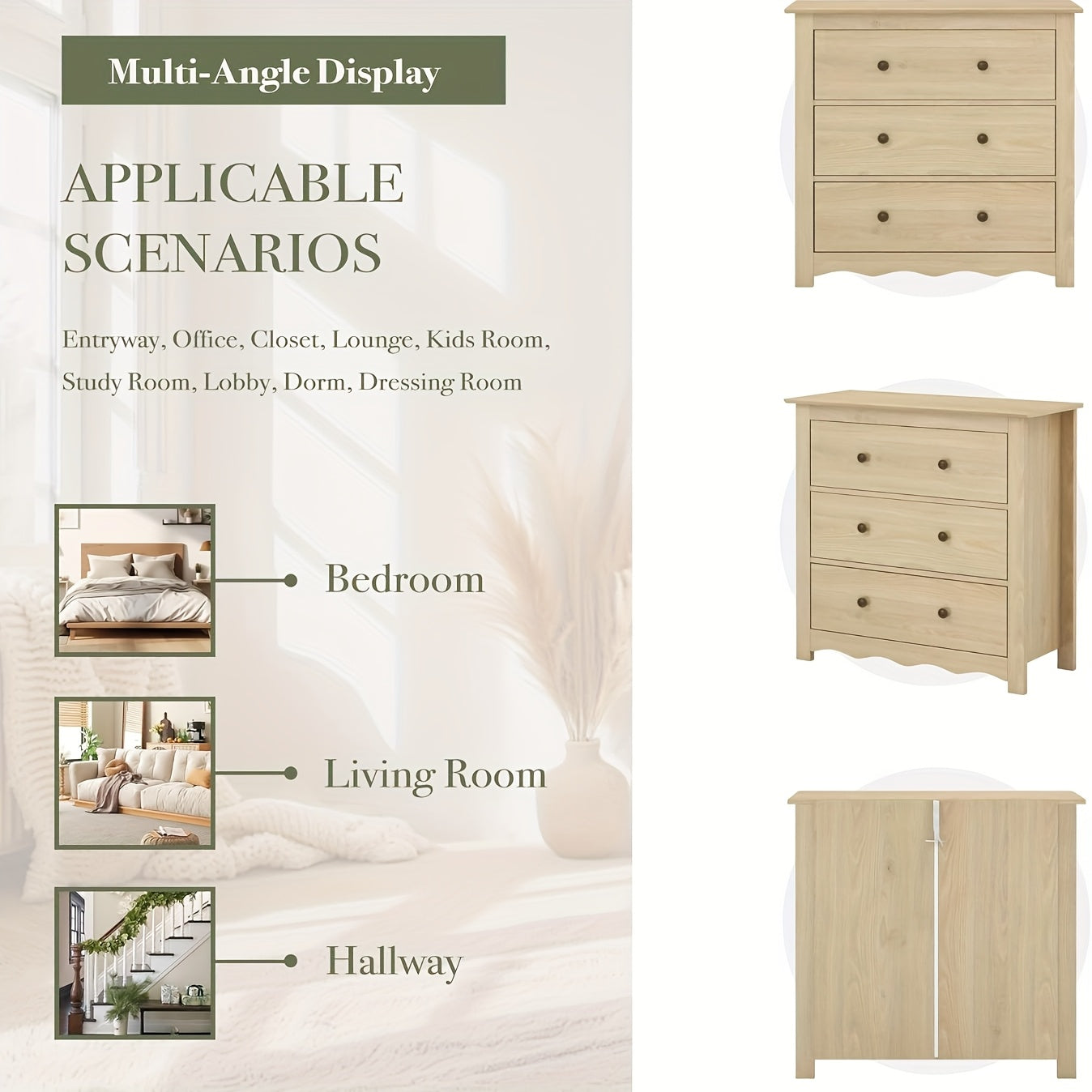 34" Tall Cabinet With 3 Drawers Set Of 2, Mid Century Modern Wooden Dressers Chest Of Drawers With Handles, Waveform Nightstand Dresser, Storage Organizer For Bedroom, Hallway, Living Room, Wood