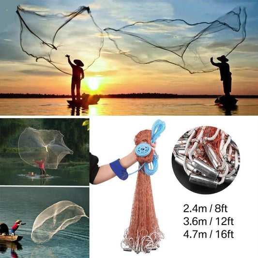 American Style Fishing Nets Strong Nylon Mesh Wire Net Dia. 2.4M 3.6M 4.8M Throw Net Cast Net for Saltwater Freshwater Fishing Trap with Zinc Sinker, Fishing gear and equipment