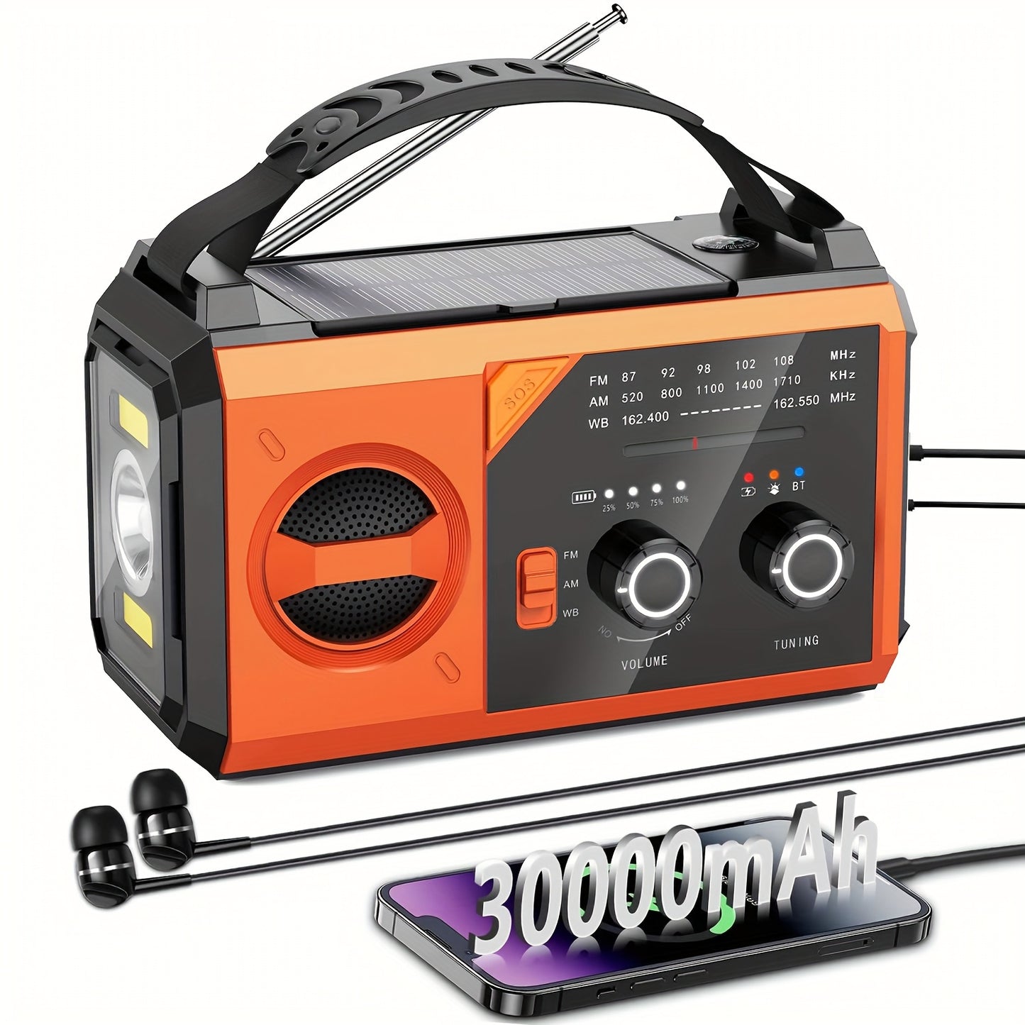 30000mAh Emergency Weather Radio with Hand Crank - NOAA Weather Alert Radio,  SOS, Power Bank 2 Solar Panels