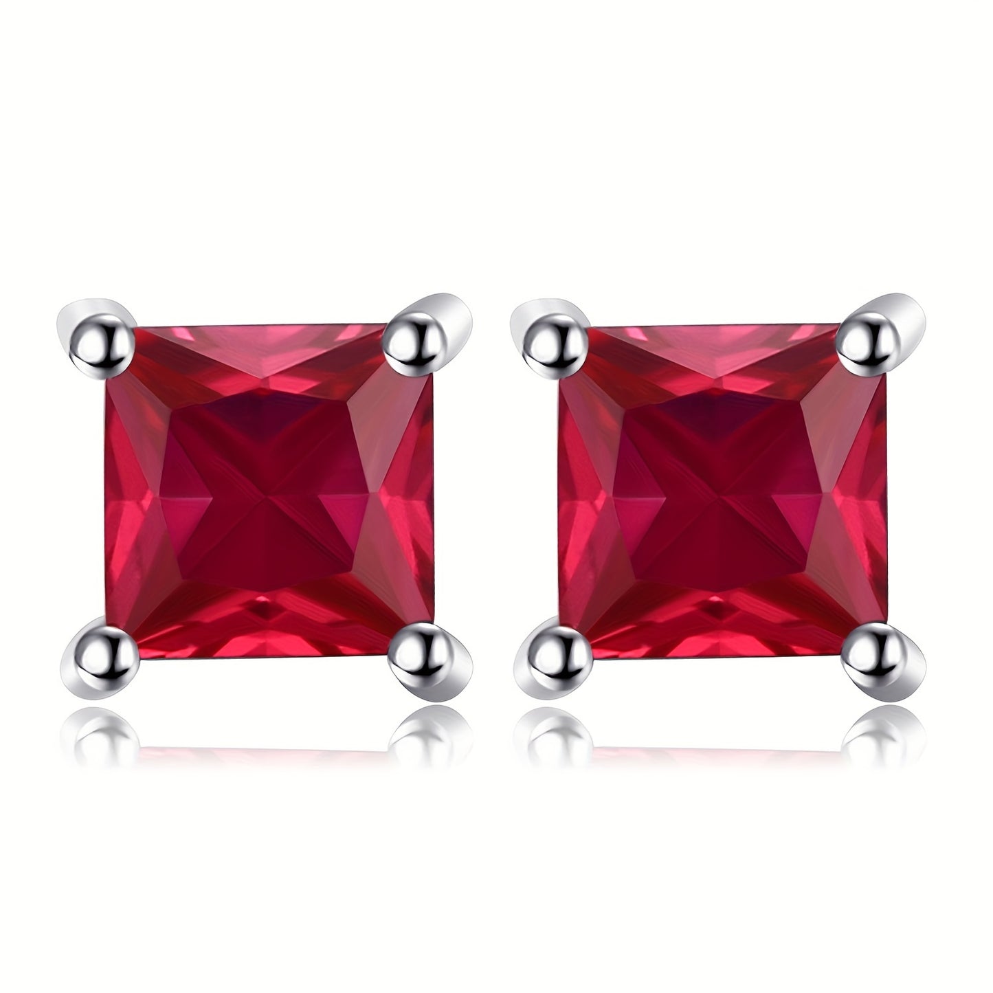 A Pair of 925 Sterling Silver Stud Earrings Featuring a Simple Yet Elegant Classic Design, Adorned with Exquisite Multi-Faceted Square Cut Natural Gemstones Including Amethyst, Citrine, Garnet, Peridot, Topaz, Created, Sapphi