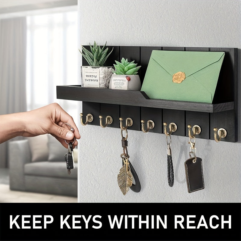 A Easy Wooden Wall-Mounted Shelf with 7 Hooks, a Floating Storage Organizer, Key And Mail Holder, Minimalist Design, Suitable for Home Living Rooms, Bedrooms, And Bathrooms, Easy to Install