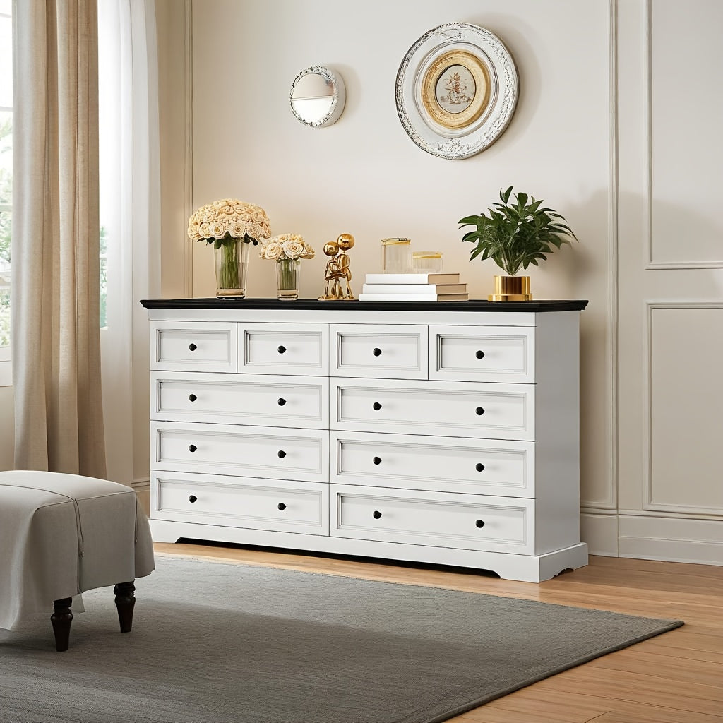 55" Wide 10-Drawer Metal Dresser - Modern White & Black Chest of Drawers, Freestanding Storage Cabinet for Bedroom, Living Room, Entryway, Easy Assembly, Compact Design Under 27" Height