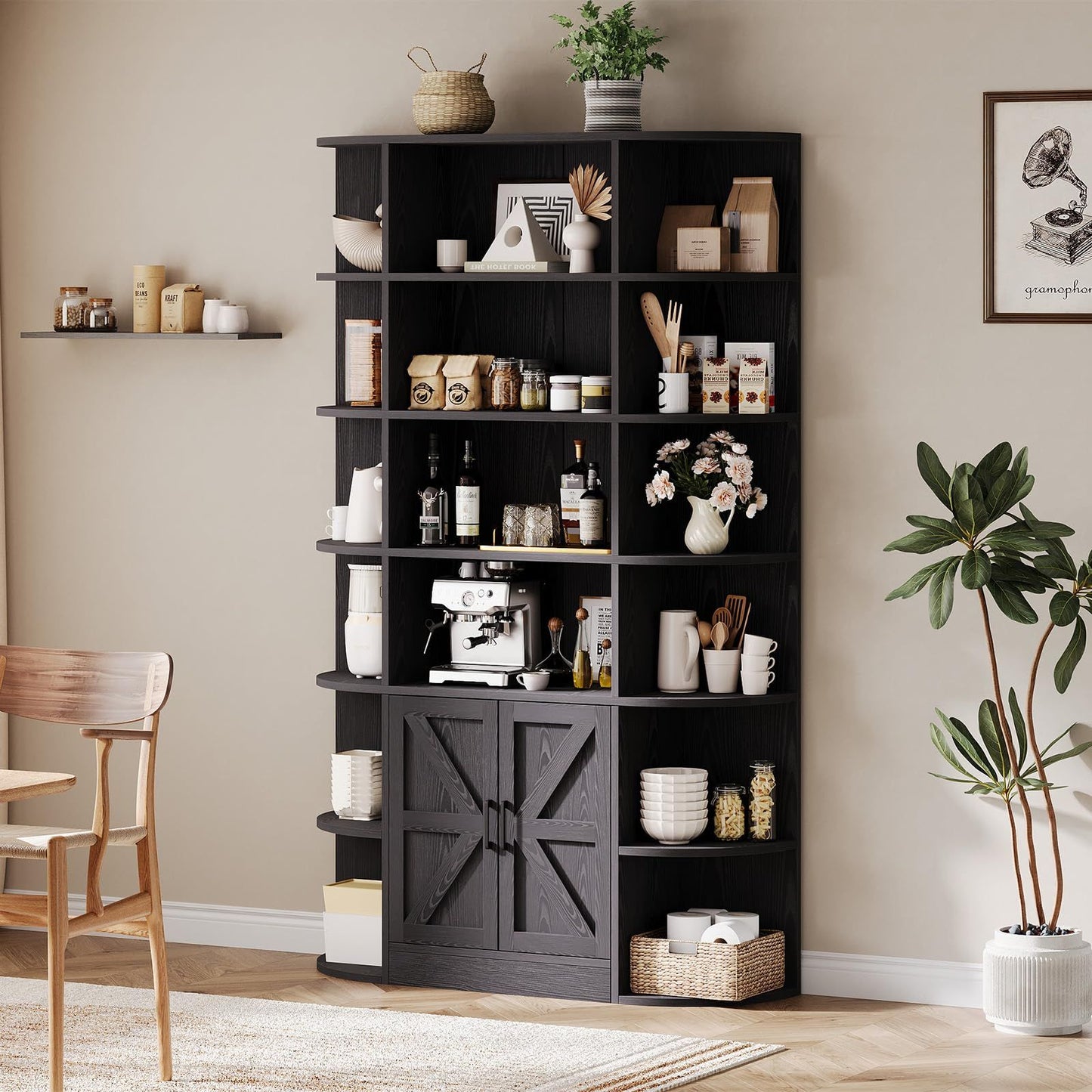 FurniStyle 75-inch Tall Grey 6-Tier Bookcase with Black Accents | Adjustable Shelves, Doors, Anti-Tip Hardware, Freestanding Hardwood Construction for Living Room, Office, or Bedroom Storage