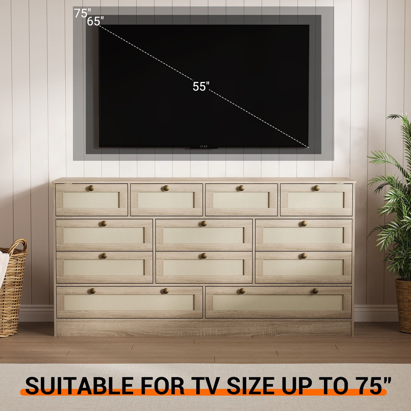 12-Drawer Chest of Drawers with Woven Rattan Design | 61.02x15.75x31.5 inch, Stylish and Spacious Hardwood Storage Cabinet for Home Room Decor, Christmas Decorations, Birthday Gifts for Women Men Friends, Contemporary Style b