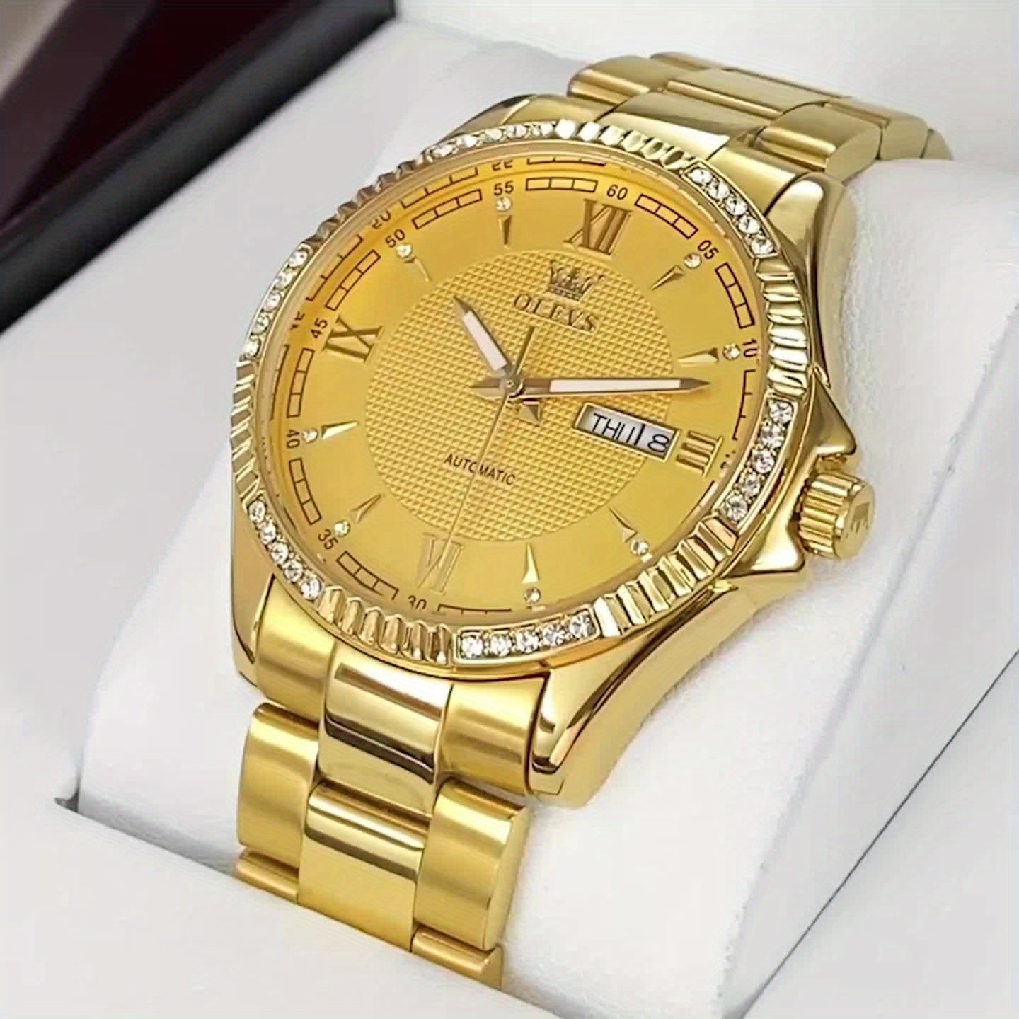 OLEVS Luxury Men'S Automatic Mechanical Watch with Luminous Hands & Dual Calendar - Stainless Steel Business Chronograph, Golden-Tone Dial, High Quality (1181.1inch) - Self-Winding Movement, No Battery/Easy Maintenance, Elega