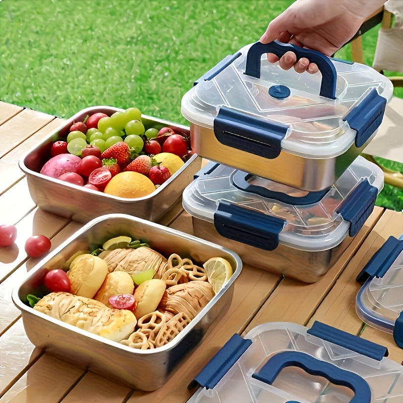 4pcs Stainless Steel Food Storage Containers with Blue Handles & Leak-Proof Lids - Dishwasher, Oven & Refrigerator Safe, Stackable Reusable Lunch Boxes for Kitchen, Microwave Compatible, Airtight Meal Prep Containers for Indo