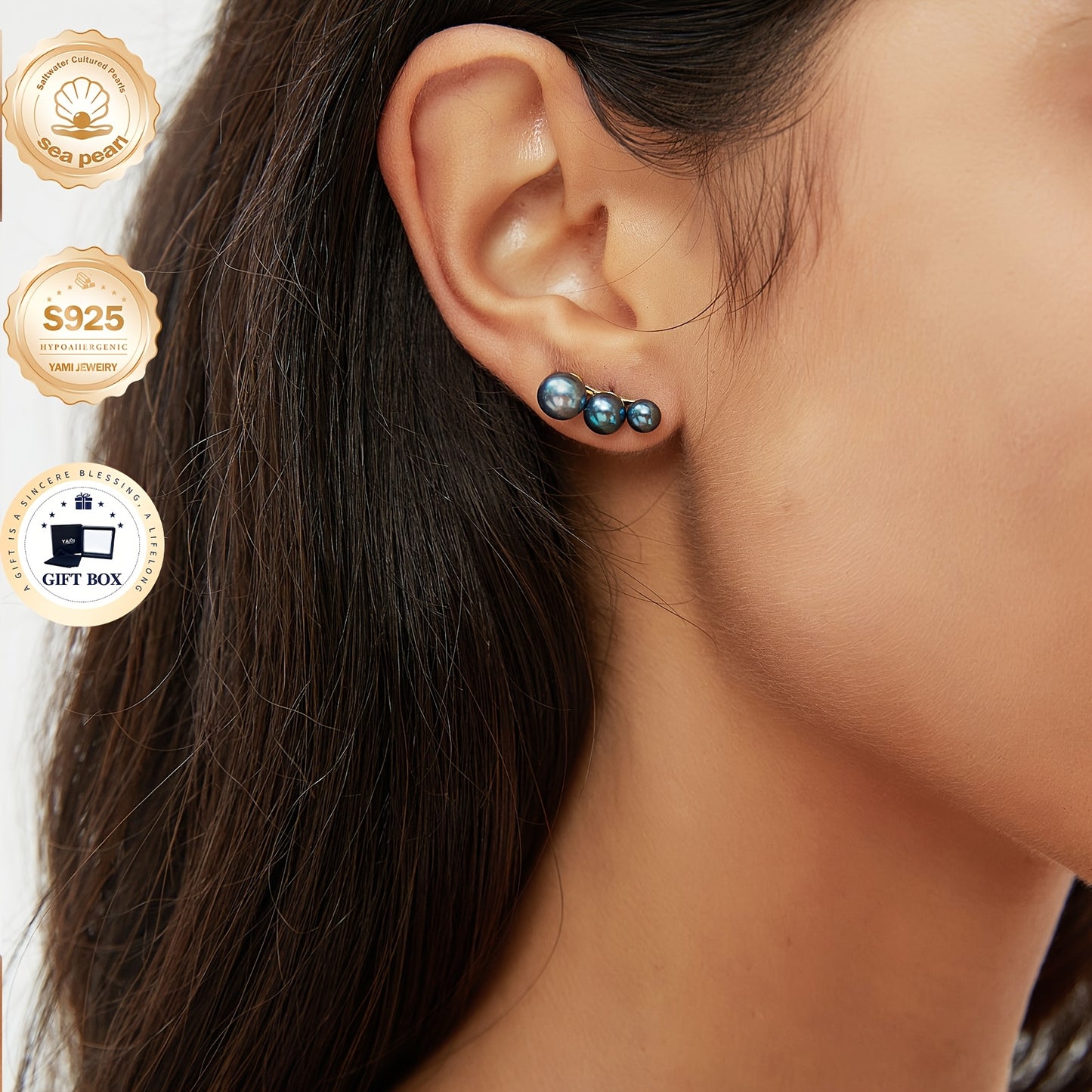 YAMI Black Seawater Pearl Stud Or Hoop Earrings For Women, 925 Sterling Silver Hypoallergenic Earrings, Climber Crawler Jewelry, Dainty Jewelry Gifts For Anniversary Birthday