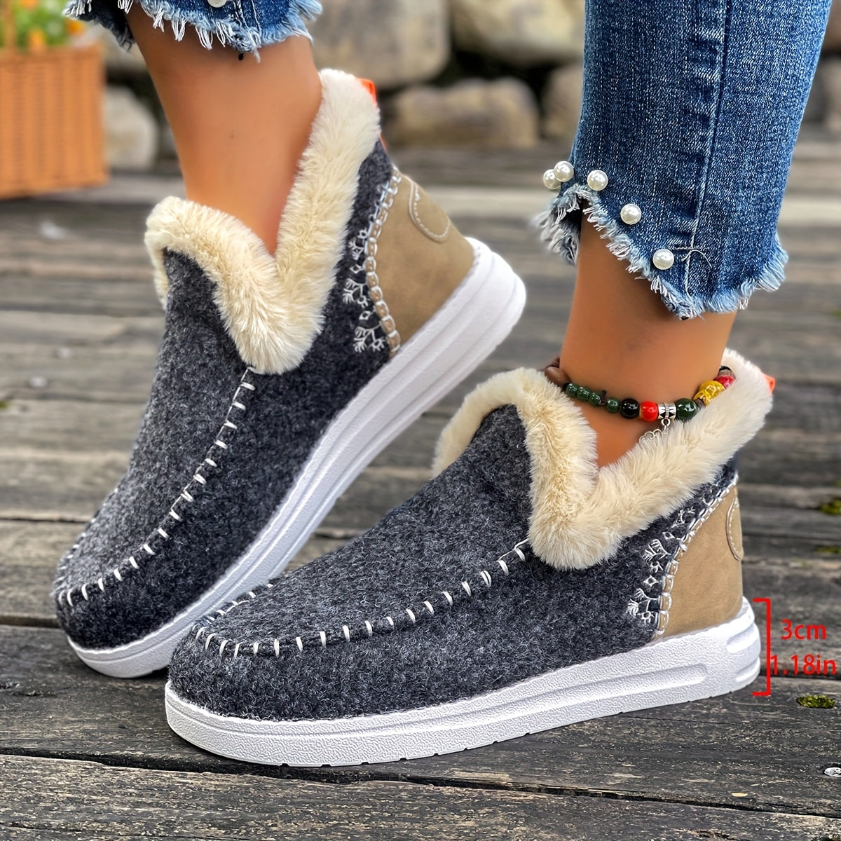Women'S Plus Size Cozy Plush Slip-On Snow Boots with Soft Rubber Sole - Lightweight Warm Winter Boots with Cushioned Insole, Round Toe & Arch Support, Casual Outdoor Shoes for Cold Weather, Black & Brown (Canvas Lining) - Ide
