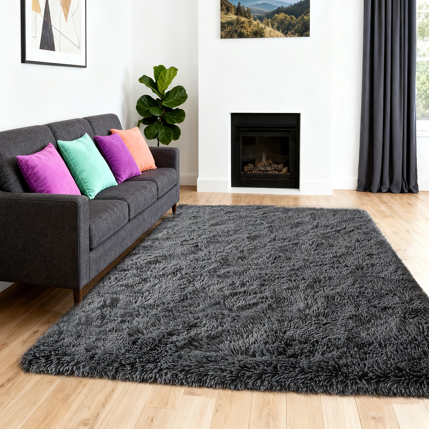 Soft Black Rugs for Bedroom Living Room, 4x6 Feet Modern Indoor Fluffy Shaggy Area Rug, Non-Slip Fuzzy Furry Rug for Bedroom, Dining Room, Christmas Gift, Christmas Decor, Home Decor, High Pile Plush Floor Carpet