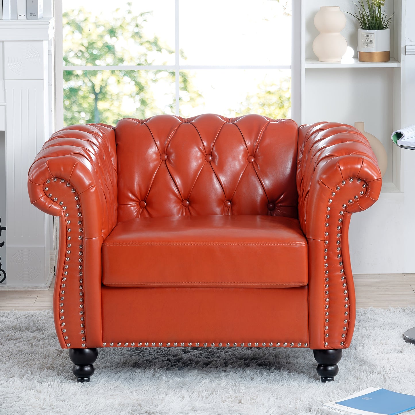 Faux Leather Chesterfield Chair, a Modern Medieval Single Sofa, Plush Upholstered Armchair with Curved Arms for Home Bedroom Reading Room