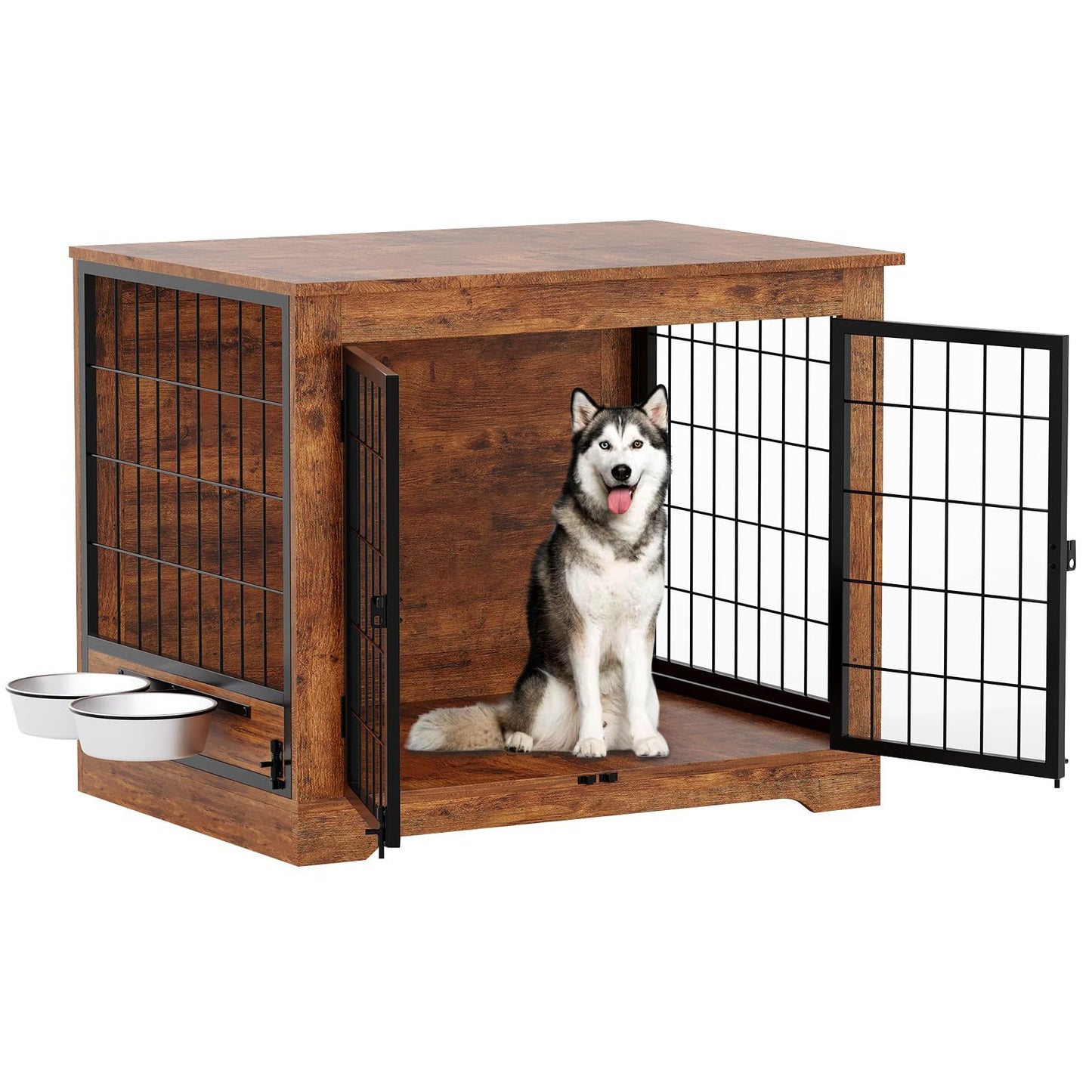 38-Inch Indoor Wooden Dog Crate Furniture | Double Doors for Easy Access, 360° Adjustable Raised Bowls, and Storage Platform, Ideal for Medium to Large Dogs, Brand: GAOMON