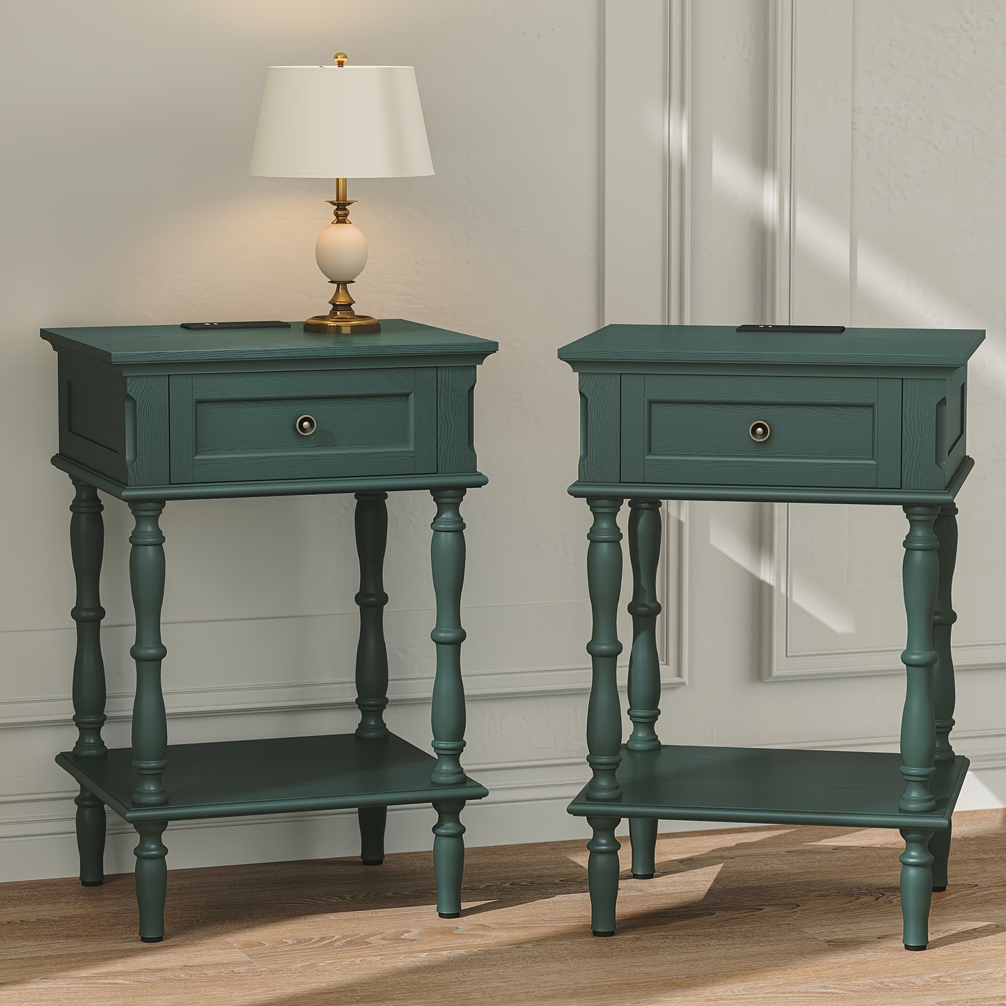 Set of 2 Retro Wood Nightstands | Minimal Assembly, Tree-Veneer, Small Bedside Table with Drawer and Shelf, Suitable for Living Room and Bedroom
