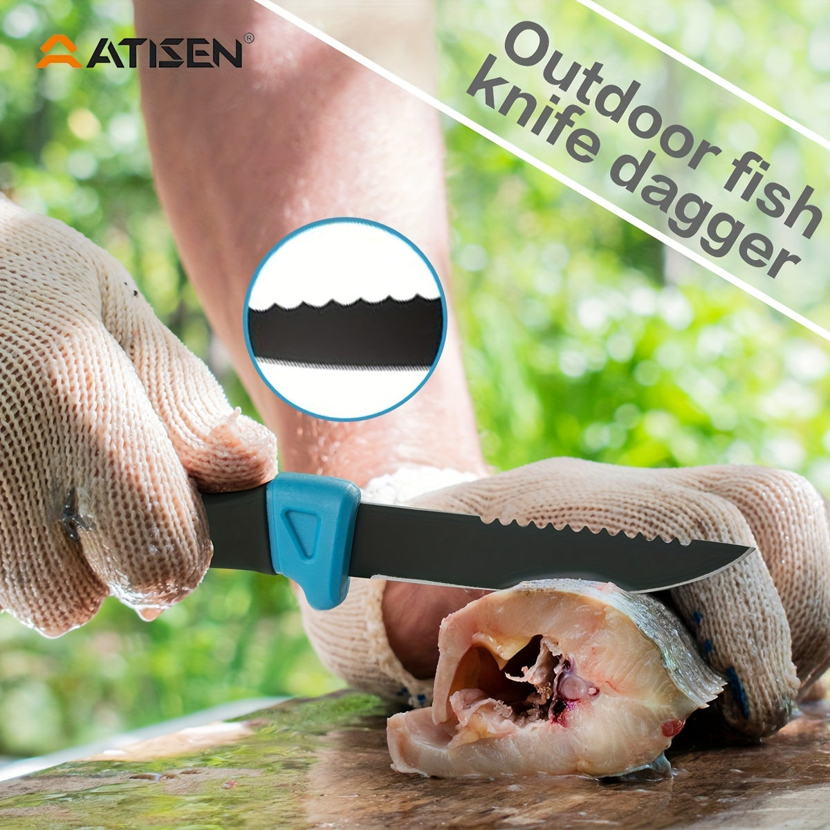 ATISEN 8pcs Fish Horn Knife Set, Fishing Set, Filleting Knife, Cutting Gloves, Cleaning Sponge, Fishing Line Cutter with Stretching Cord Loss Prevention, Wilderness Survival Knife, Outdoor Camping Supplies, Suitable Gifts for