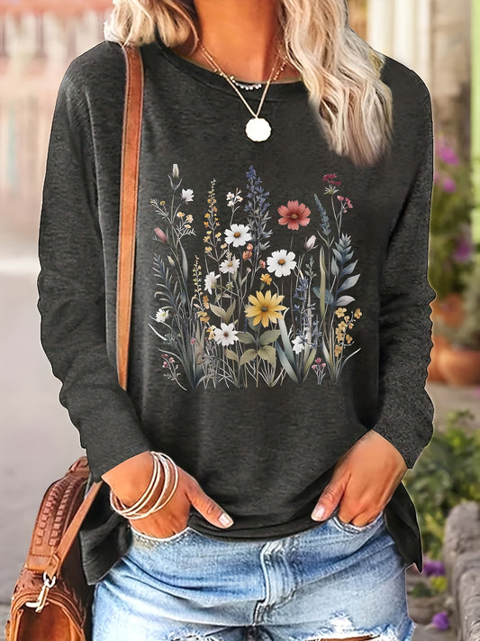 Plus Size - Women'S Plus Size Oversized Long Sleeve T-Shirt - Floral & Geometric Print Round Neck Casual Top, Soft Breathable Fabric, Relaxed Fit for Fall/Winter Layering, Everyday & Special Occasions, Versatile Layering Piec
