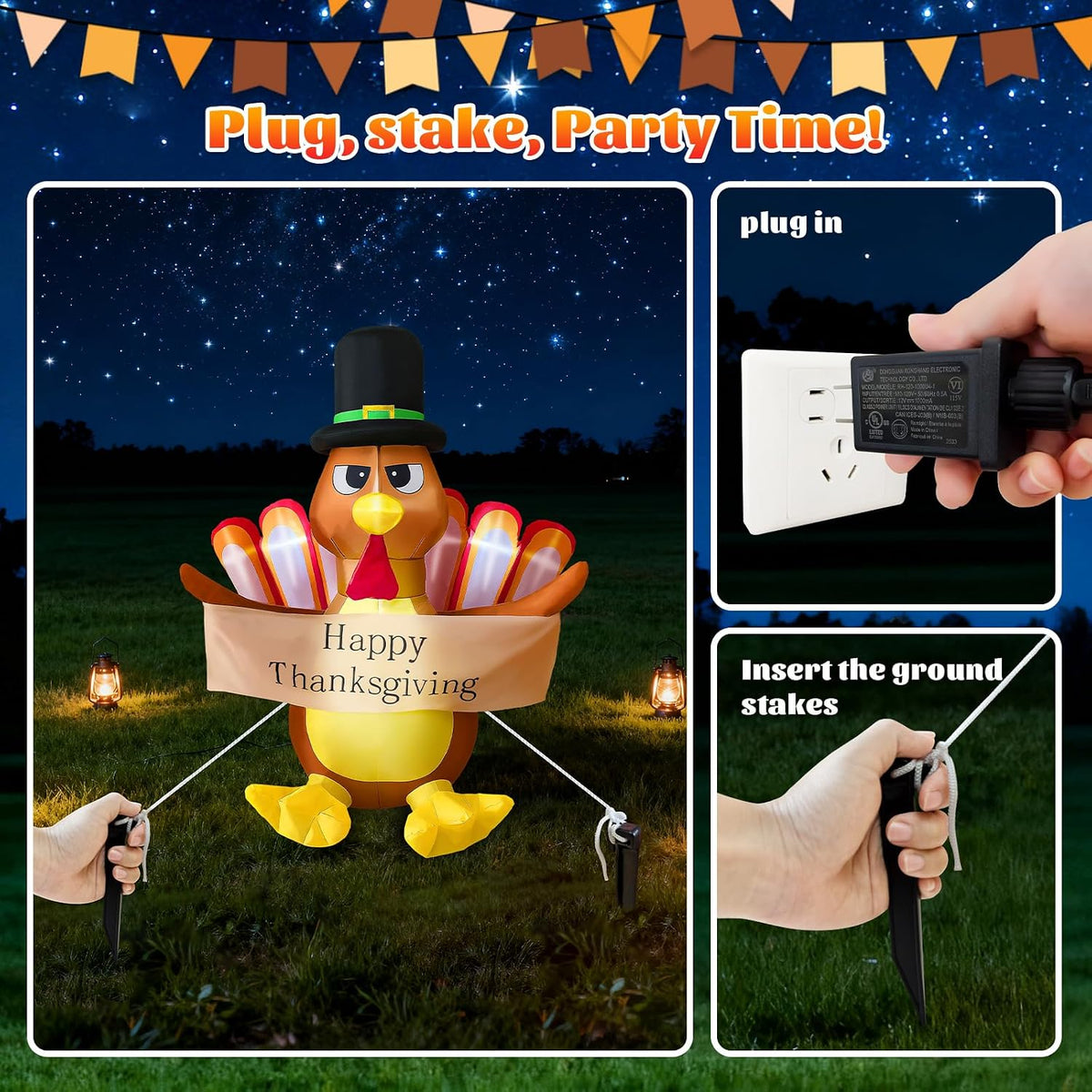 6 FT Thanksgiving Inflatables Turkey Decoration with Built-in LED Lights for Outdoor Lawn Yard Blow up Turkey Decor
