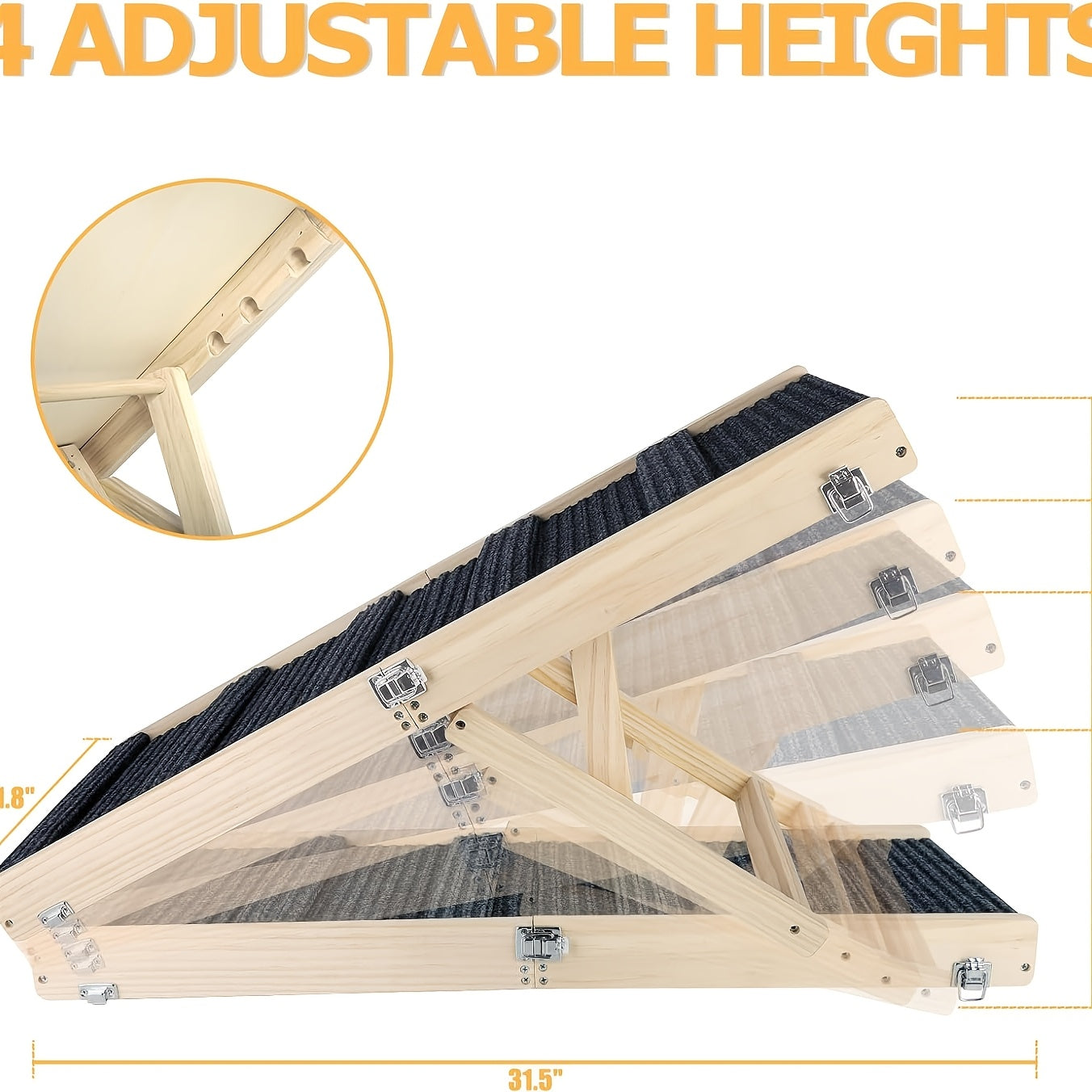 32" Adjustable & Portable Folding Dog Ramp with Non-Slip Traction Mat - Solid Wood Pet Stairs Ladder for Small Dogs, Bed, Sofa, Car, Couch - Climbing Ramp for Puppies, Pets ( Wood Grain, Lightweight)