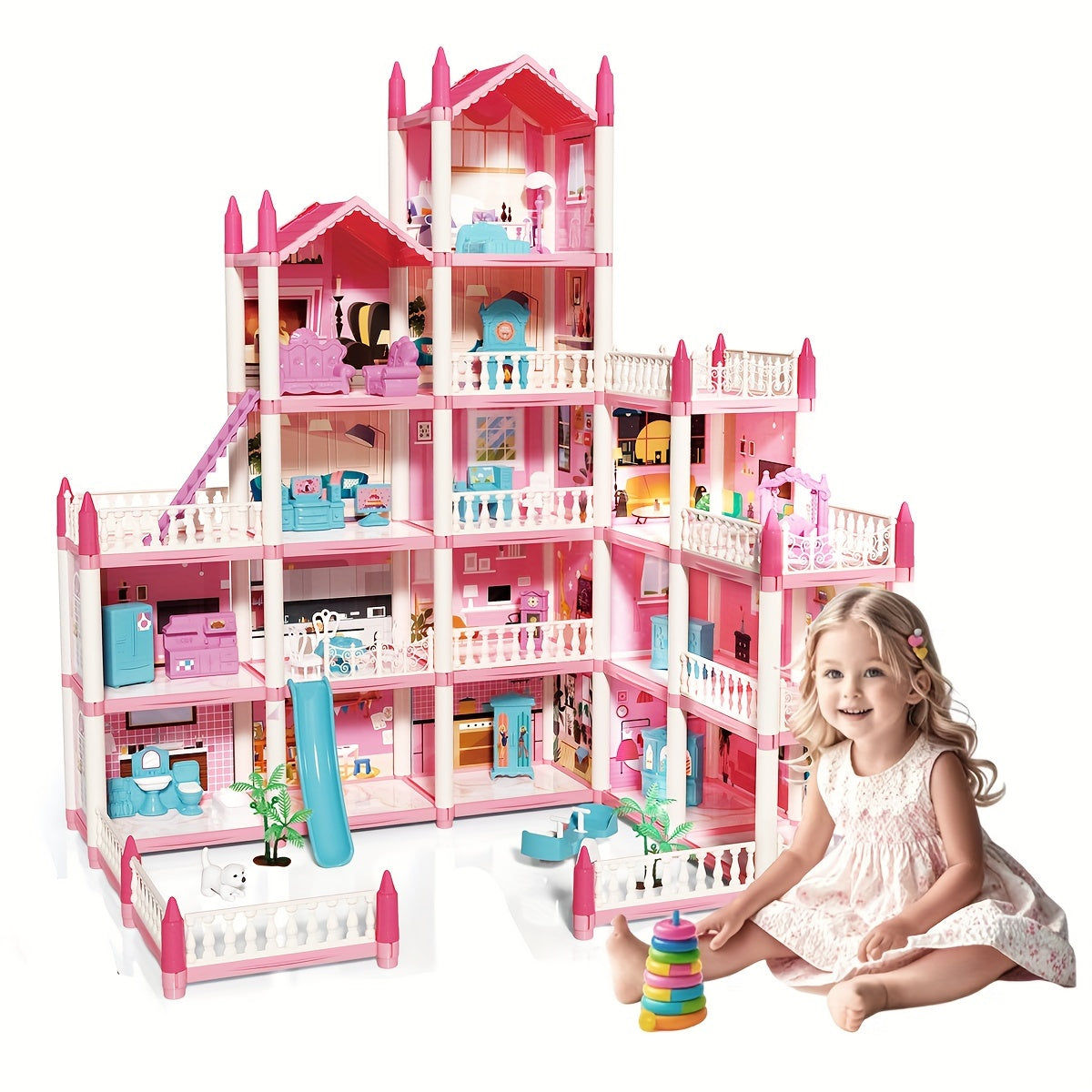 Doll House, Dollhouse for Girls Pretend-Play DIY Dollhouse Kit - 4-Story 11 Rooms Playhouse with 4 Dolls Toy Figures, Furniture And Accessories Set Gift Toy for Kids Ages 3 4 5 6 7 8+