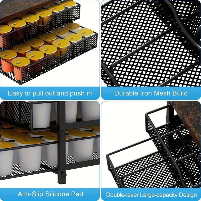 Coffee racks，Black Wood and Iron K-Cup Holder with Double Storage Drawers, Coffee Station Organizer for Capsule Boxes