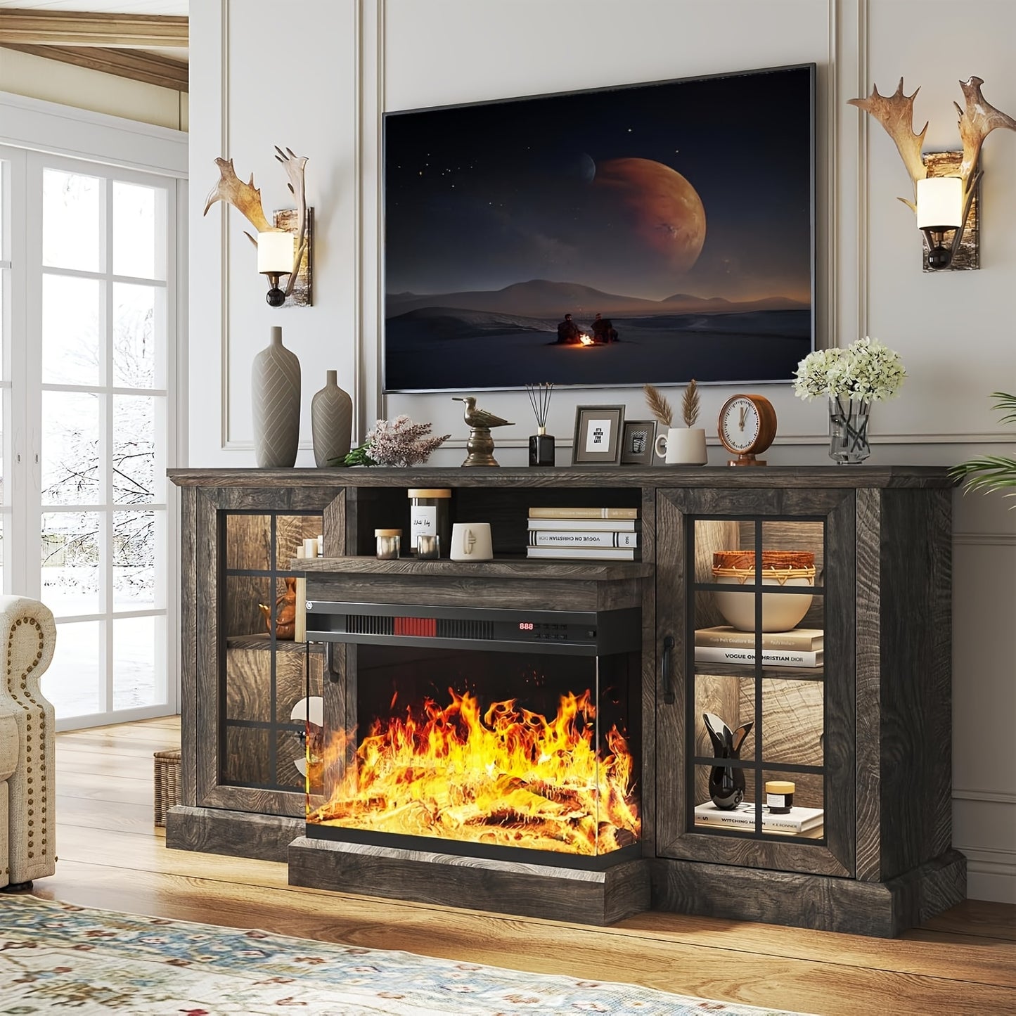 Fireplace TV Stand With 3-Sided Glass: 59'' Media Console For TVs Up To 65'' - Adjustable LED Flame, Glass Door Entertainment Center For Living Room-Grey