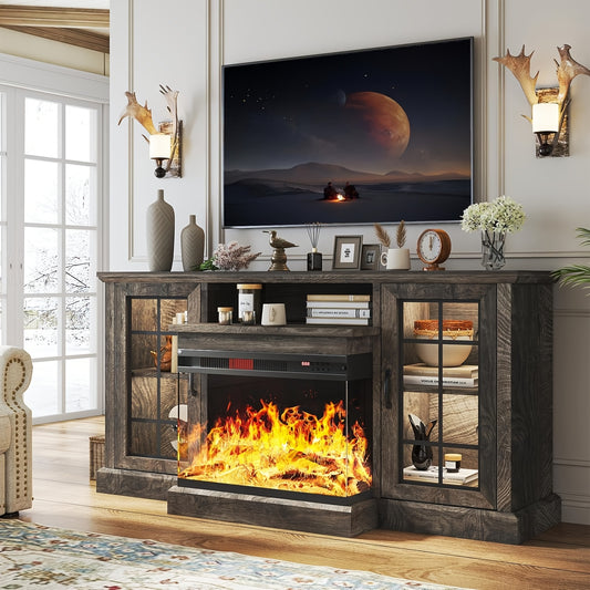 Fireplace TV Stand With 3-Sided Glass: 59'' Media Console For TVs Up To 65'' - Adjustable LED Flame, Glass Door Entertainment Center For Living Room-Grey