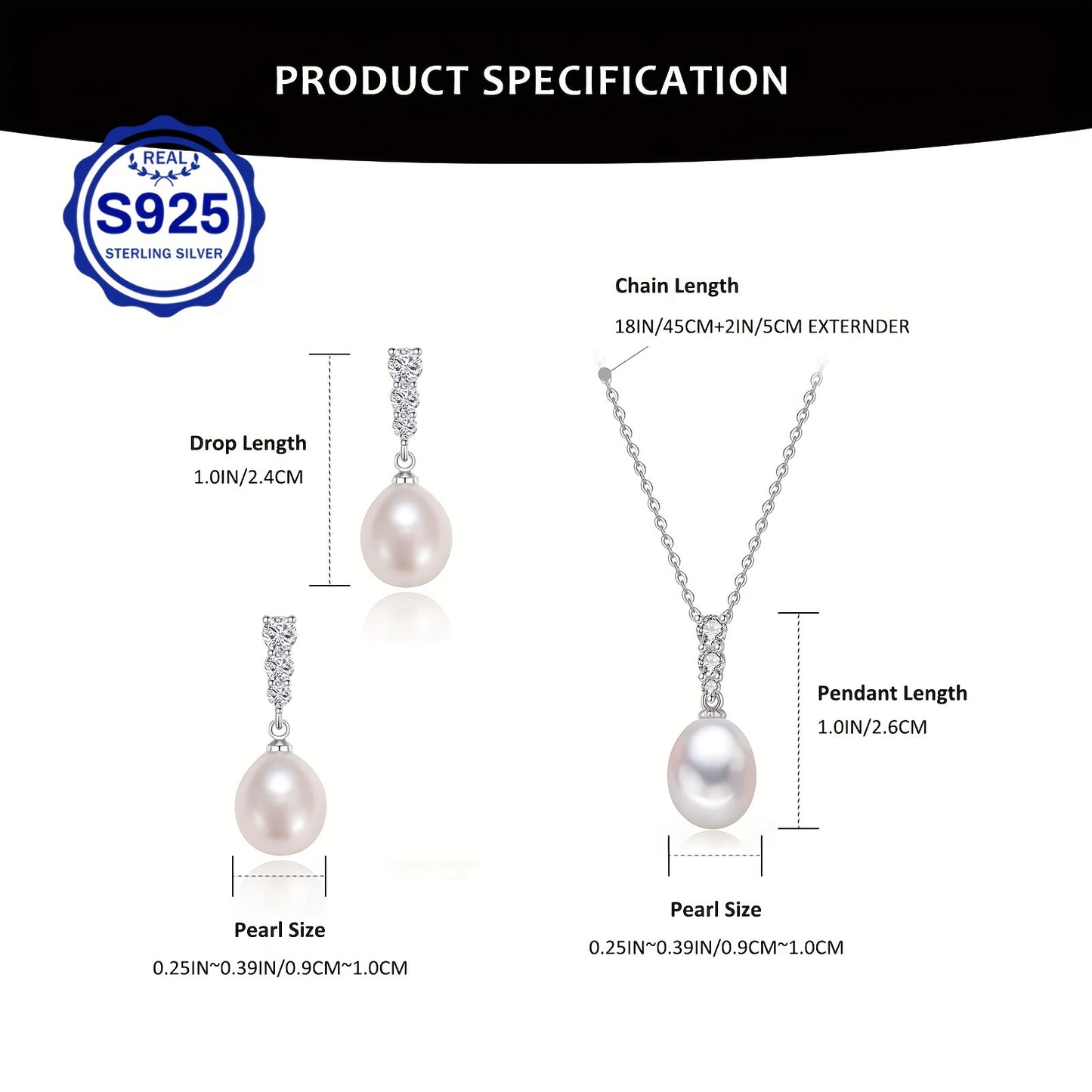925 Sterling Silver Natural Seawater Pearl Pearl Necklace And Earrings Set 9-10MM